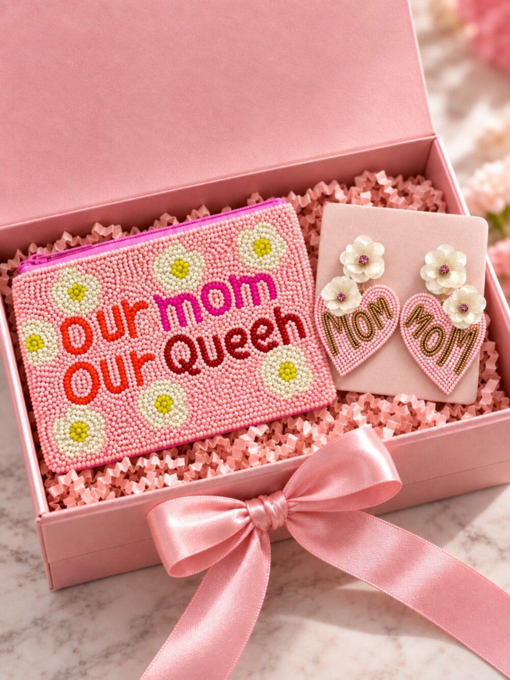 Our Mom Our Queen NEW Seed Beaded Makeup Coin Money Pouch Bag & Earrings BUNDLE